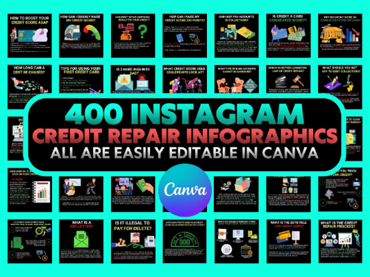 Credit Repair Instagram post templates. Social Media Bundle (Infographics), 400 Images, Editable Canva Templates
